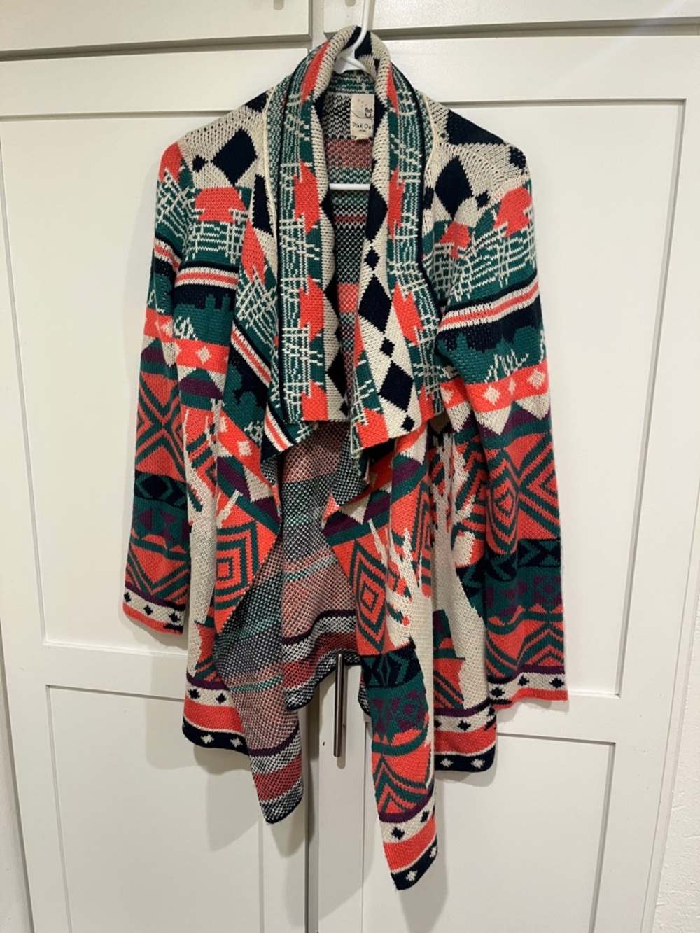 Pink Owl Multicolor Aztec Open-Front Cardigan - Coral, Teal, Navy, Cream Small
